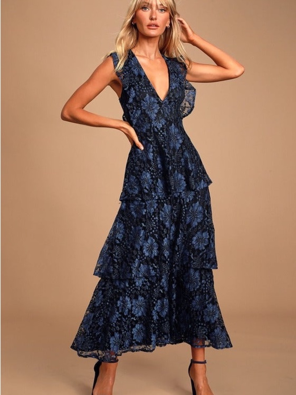 Lulu's Navy Blue Floral Lace Tiered Maxi Dress